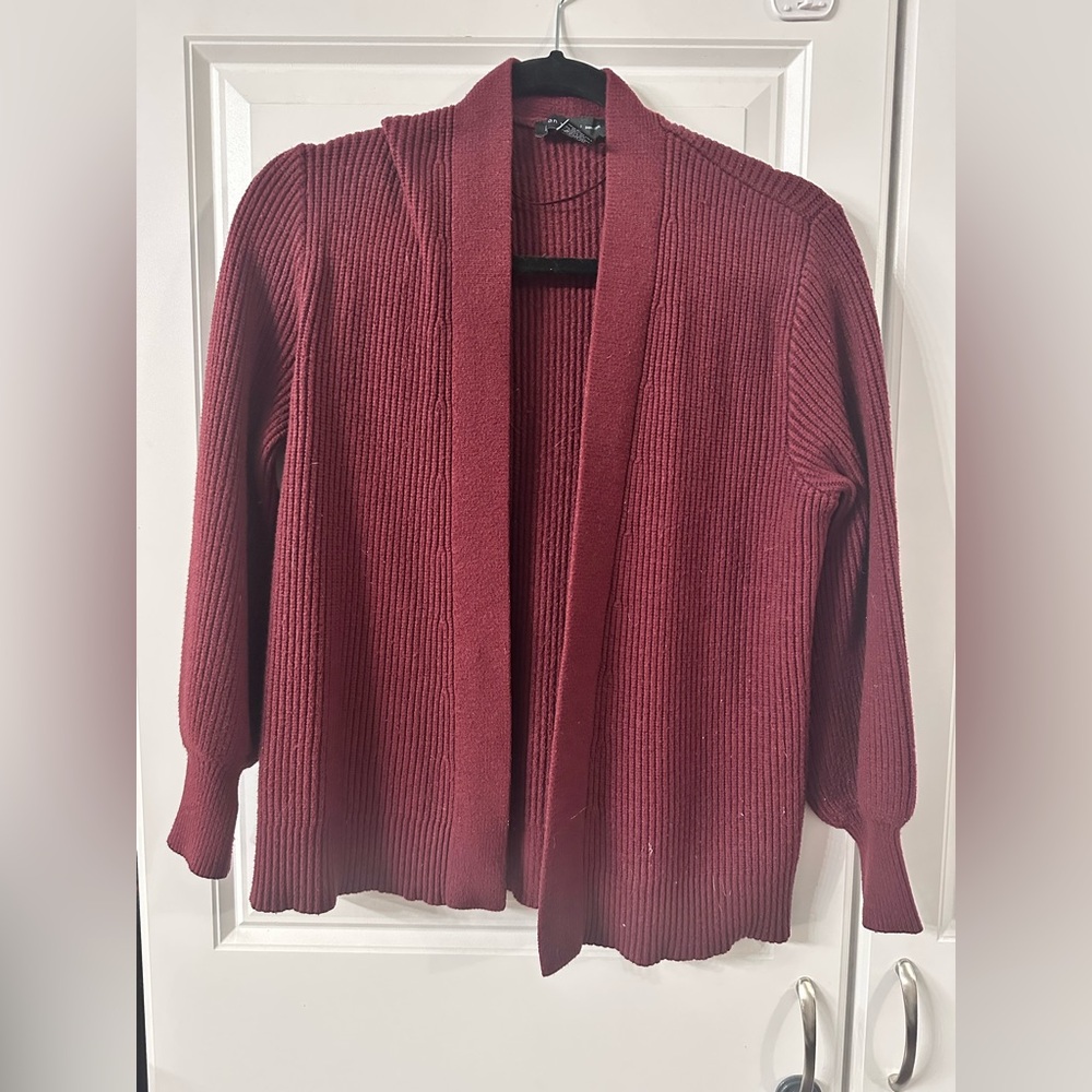 Open-Front Ribbed Cardigan Sweater in Deep Wine Red